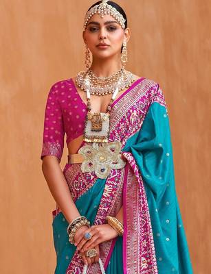 Blue polka dots woven design zari patola saree 2