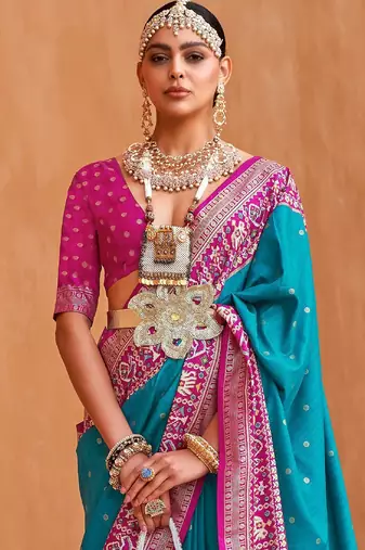 Blue polka dots woven design zari patola saree