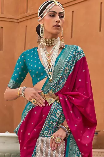 Pink polka dots woven design zari patola saree