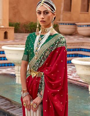 Red ethnic motifs woven design zari patola saree 3