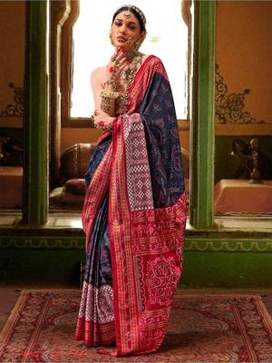 Blue woven design zari silk blend ikat saree 1