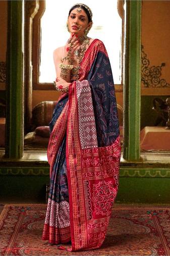 Blue woven design zari silk blend ikat saree