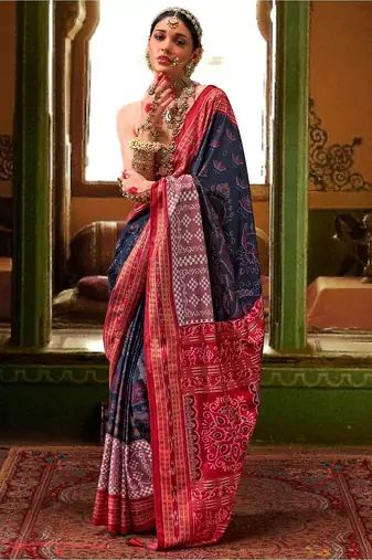 Blue woven design zari silk blend ikat saree