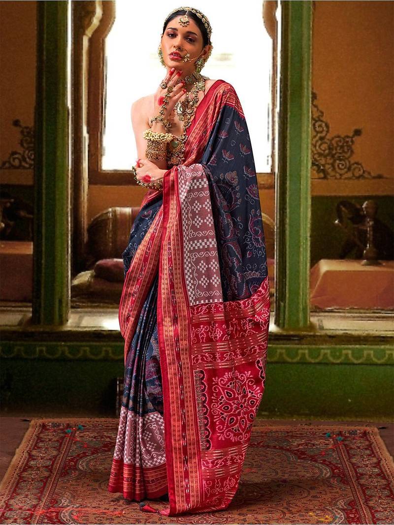 Blue woven design zari silk blend ikat saree