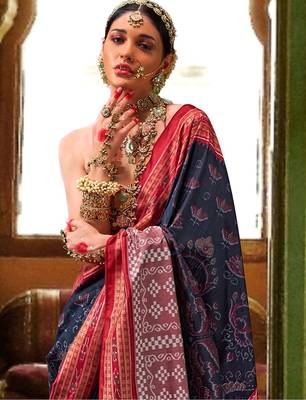 Blue woven design zari silk blend ikat saree 3