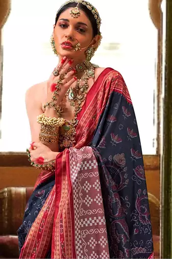 Blue woven design zari silk blend ikat saree