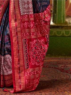 Blue woven design zari silk blend ikat saree 5