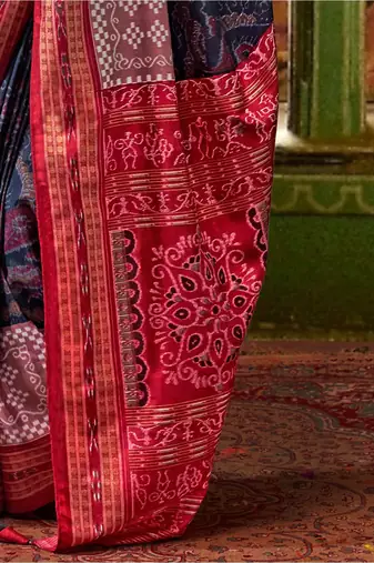 Blue woven design zari silk blend ikat saree
