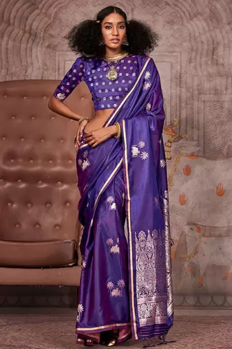 purple ethnic motifs zari satin designer gadwal saree