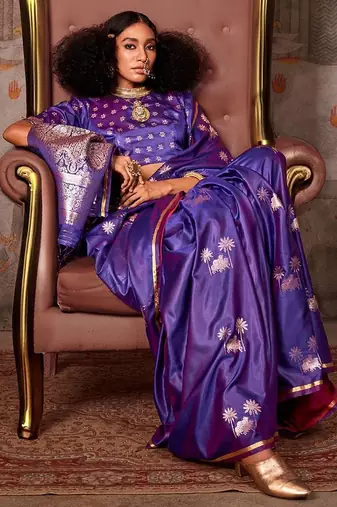 purple ethnic motifs zari satin designer gadwal saree