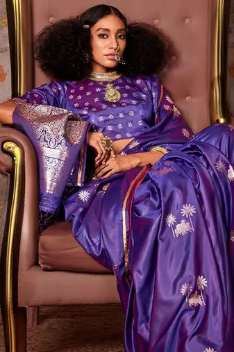 purple ethnic motifs zari satin designer gadwal saree