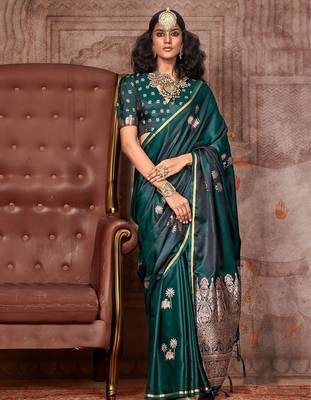 green ethnic motifs woven design zari satin gadwal saree 1