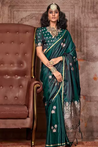 green ethnic motifs woven design zari satin gadwal saree