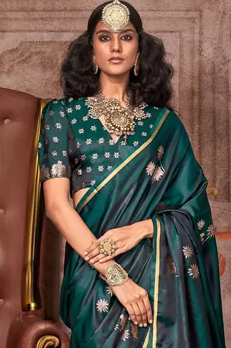 green ethnic motifs woven design zari satin gadwal saree
