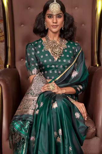 green ethnic motifs woven design zari satin gadwal saree