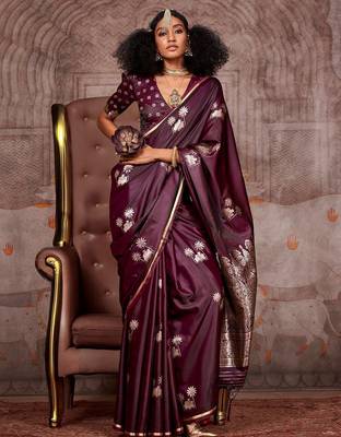burgundy ethnic motifs woven design satin gadwal saree 1
