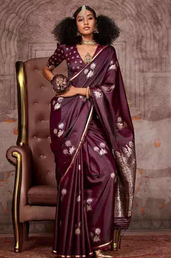 burgundy ethnic motifs woven design satin gadwal saree