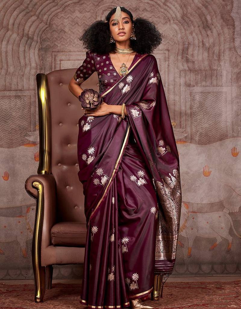 burgundy ethnic motifs woven design satin gadwal saree