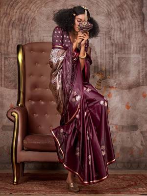 burgundy ethnic motifs woven design satin gadwal saree 2