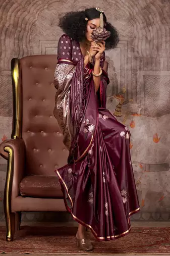 burgundy ethnic motifs woven design satin gadwal saree