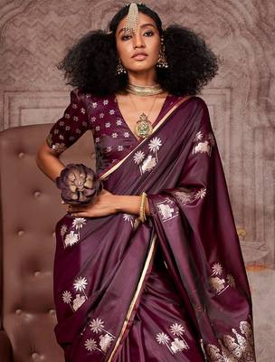 burgundy ethnic motifs woven design satin gadwal saree 3