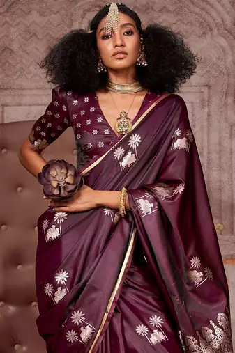 burgundy ethnic motifs woven design satin gadwal saree