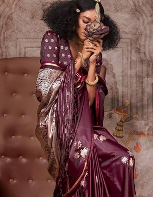 burgundy ethnic motifs woven design satin gadwal saree 4