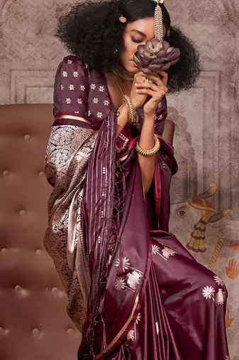 burgundy ethnic motifs woven design satin gadwal saree