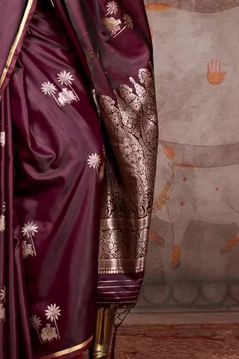 burgundy ethnic motifs woven design satin gadwal saree