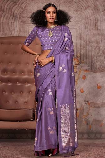 purple ethnic motifs zari satin gadwal saree