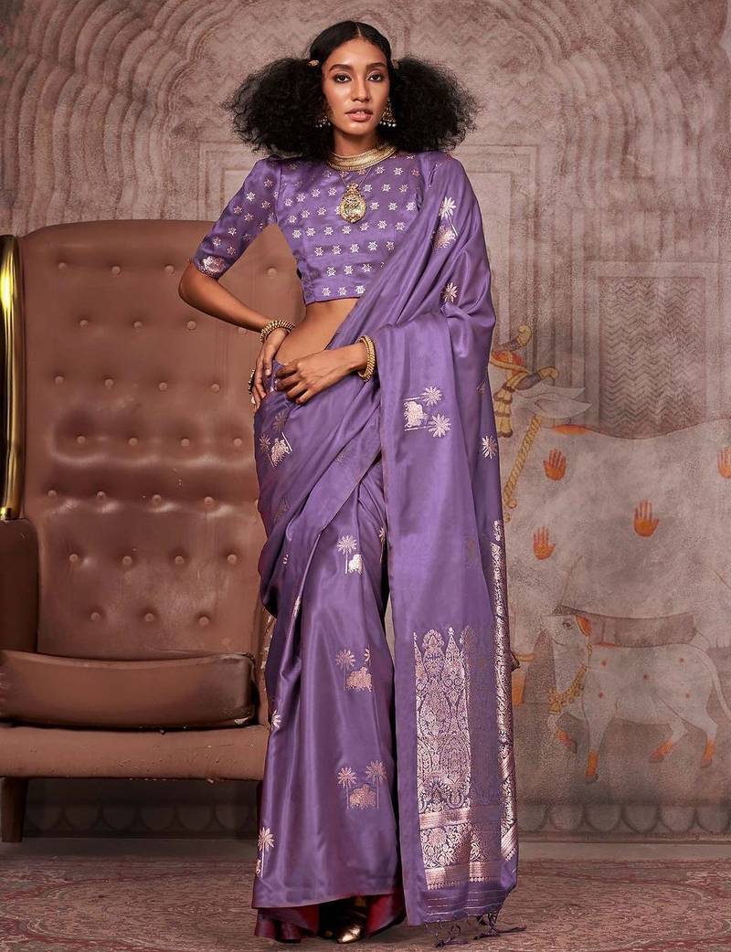 purple ethnic motifs zari satin gadwal saree
