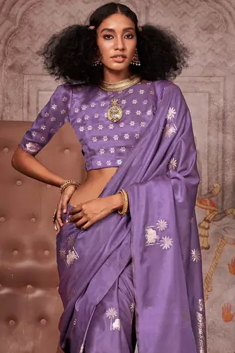 purple ethnic motifs zari satin gadwal saree