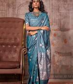 blue women woven design zari satin gadwal saree