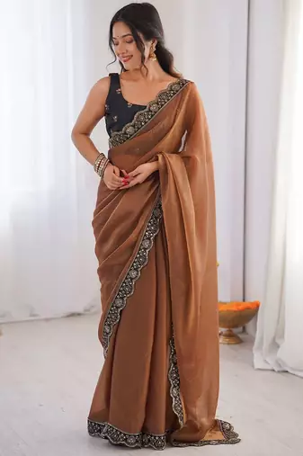 brown embellished sequinned georgette designer saree