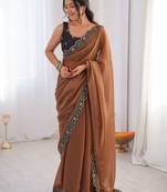 brown embellished sequinned georgette designer saree