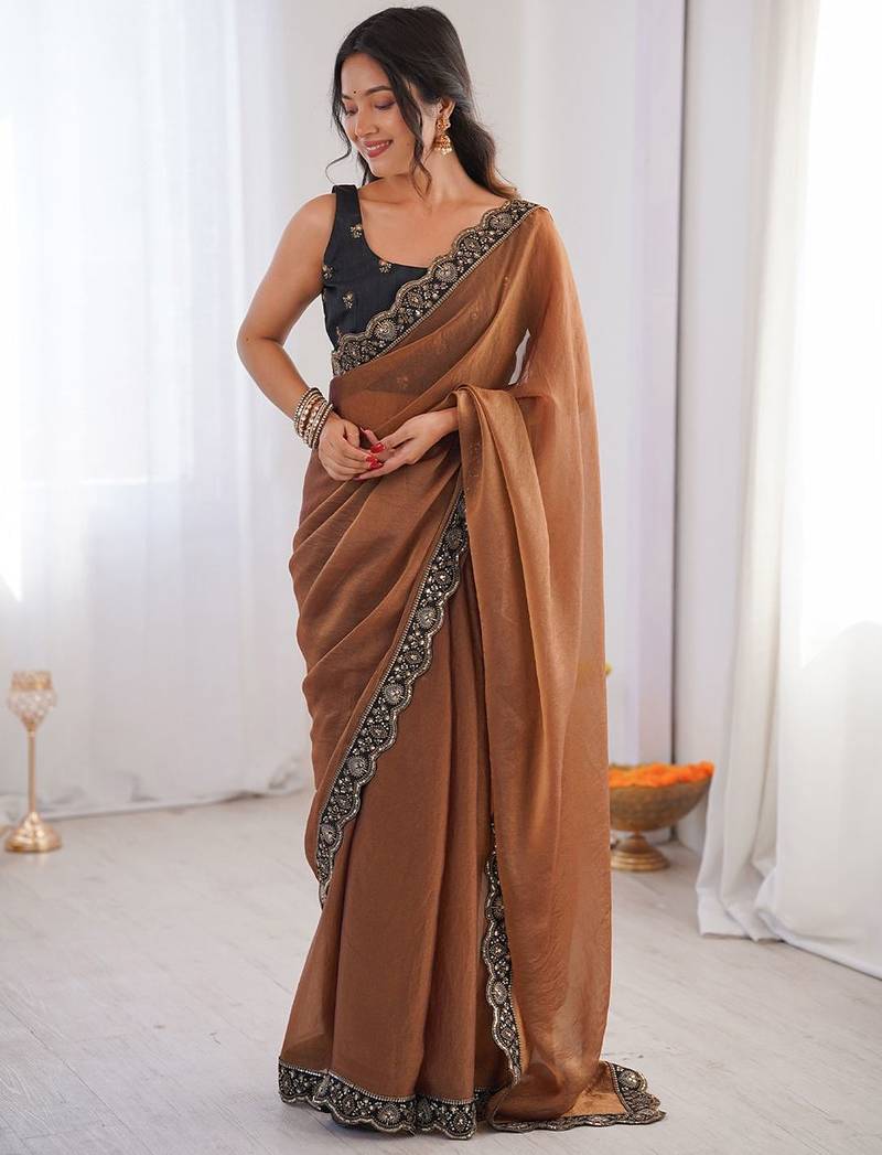 brown embellished sequinned georgette designer saree