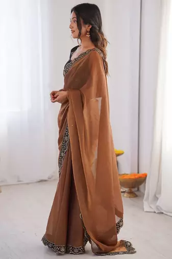 brown embellished sequinned georgette designer saree