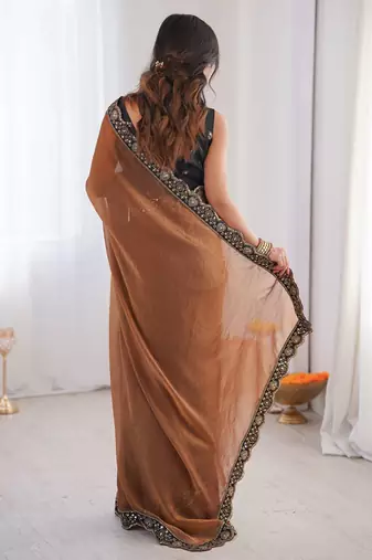 brown embellished sequinned georgette designer saree