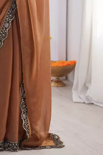 brown embellished sequinned georgette designer saree