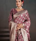 Purple woven design zari silk blend handloom banarasi saree