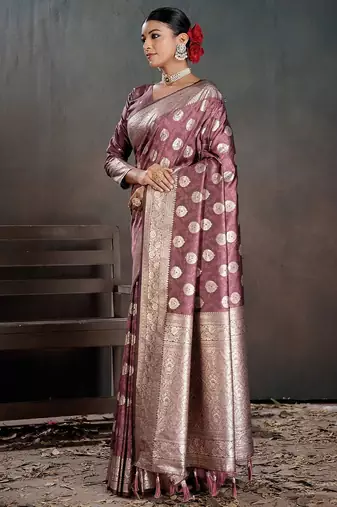 Purple woven design zari silk blend handloom banarasi saree