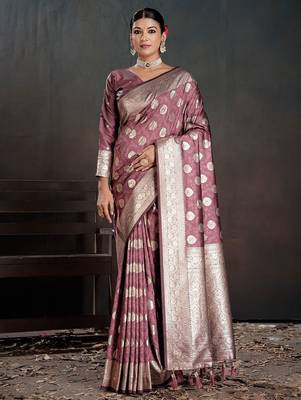 Purple woven design zari silk blend handloom banarasi saree 5