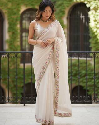 off white floral embroidered poly georgette designer saree 1