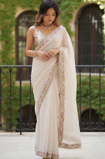 off white floral embroidered poly georgette designer saree