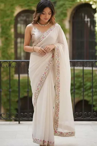 off white floral embroidered poly georgette designer saree