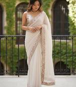 off white floral embroidered poly georgette designer saree