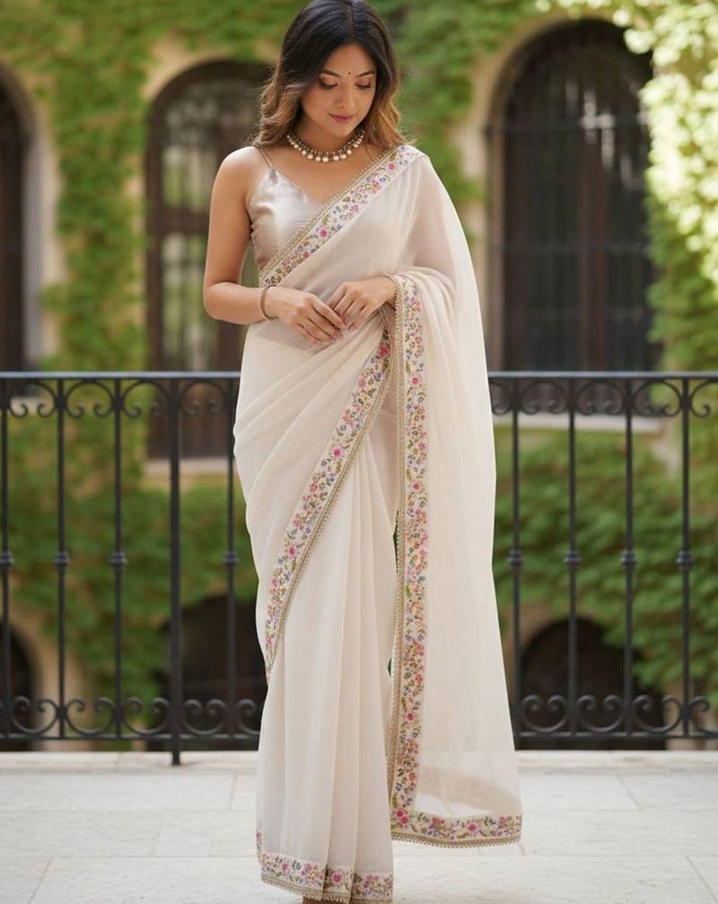 off white floral embroidered poly georgette designer saree