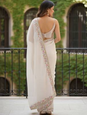off white floral embroidered poly georgette designer saree 3