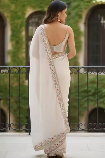 off white floral embroidered poly georgette designer saree