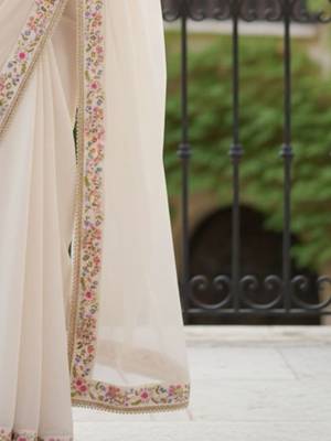 off white floral embroidered poly georgette designer saree 4